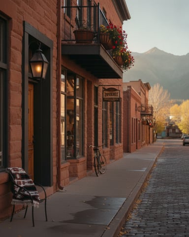 Historic brick buildings line a quiet street with mountains in the background, hanging flower baskets, and a bicycle parked outside.
