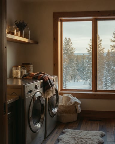 Laundry room with washing machine, wooden shelving, and large windows overlooking snowy forest landscape.