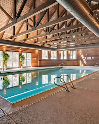 Indoor swimming pool with turquoise water, wood-paneled walls, exposed beam ceiling, and large windows overlooking snowy landscape.