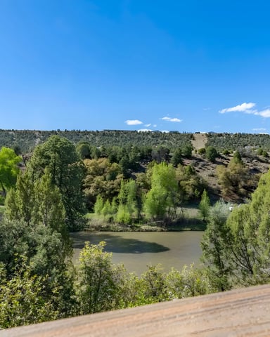 River valley with dense green vegetation and forested hills under clear blue sky
